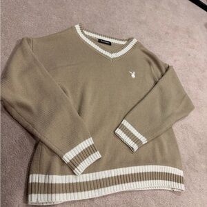 V-Neck Tan Sweater with White Accents